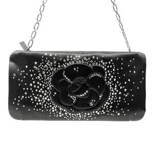 Chanel Satin Crystal Camellia Evening Bag Black Rare Chain Strap Clutch